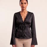 Lace and Satin Tie Front Blouse with V Neck – product detail view 2