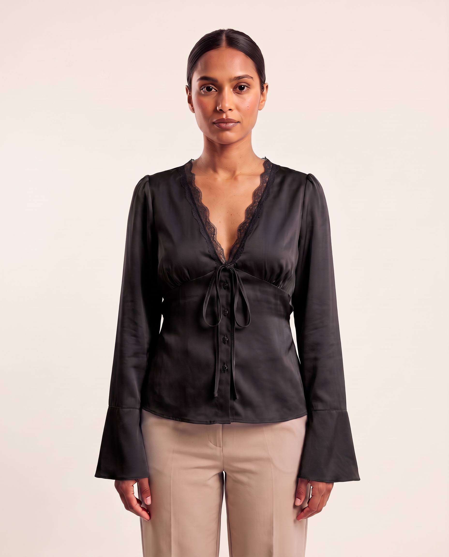 Lace and Satin Tie Front Blouse with V Neck – product detail view 2
