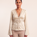Lace and Satin Tie Front Blouse with V Neck – product detail view 3