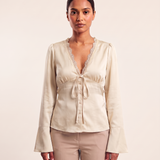 Lace and Satin Tie Front Blouse with V Neck – product detail view 3