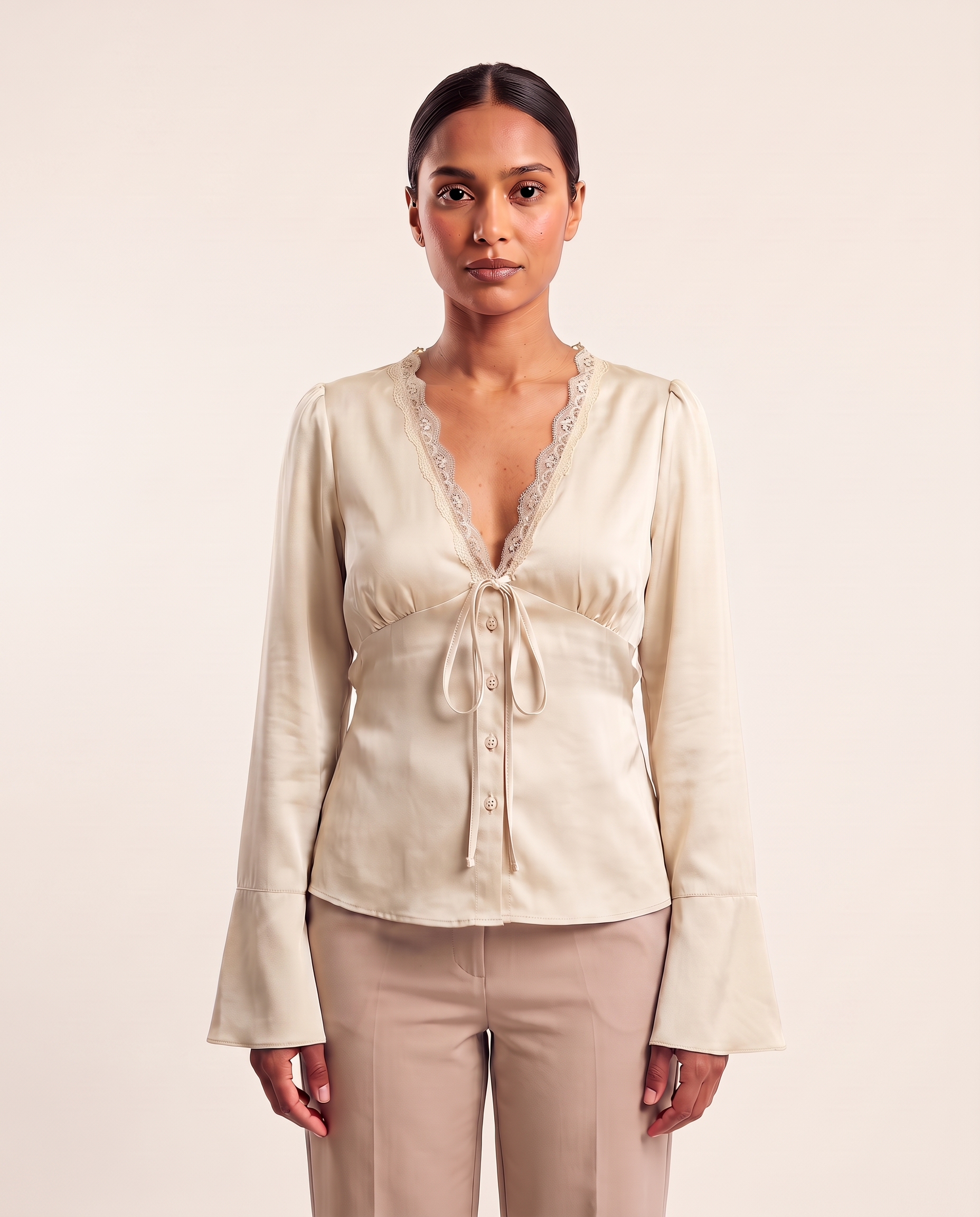 Lace and Satin Tie Front Blouse with V Neck – product detail view 3