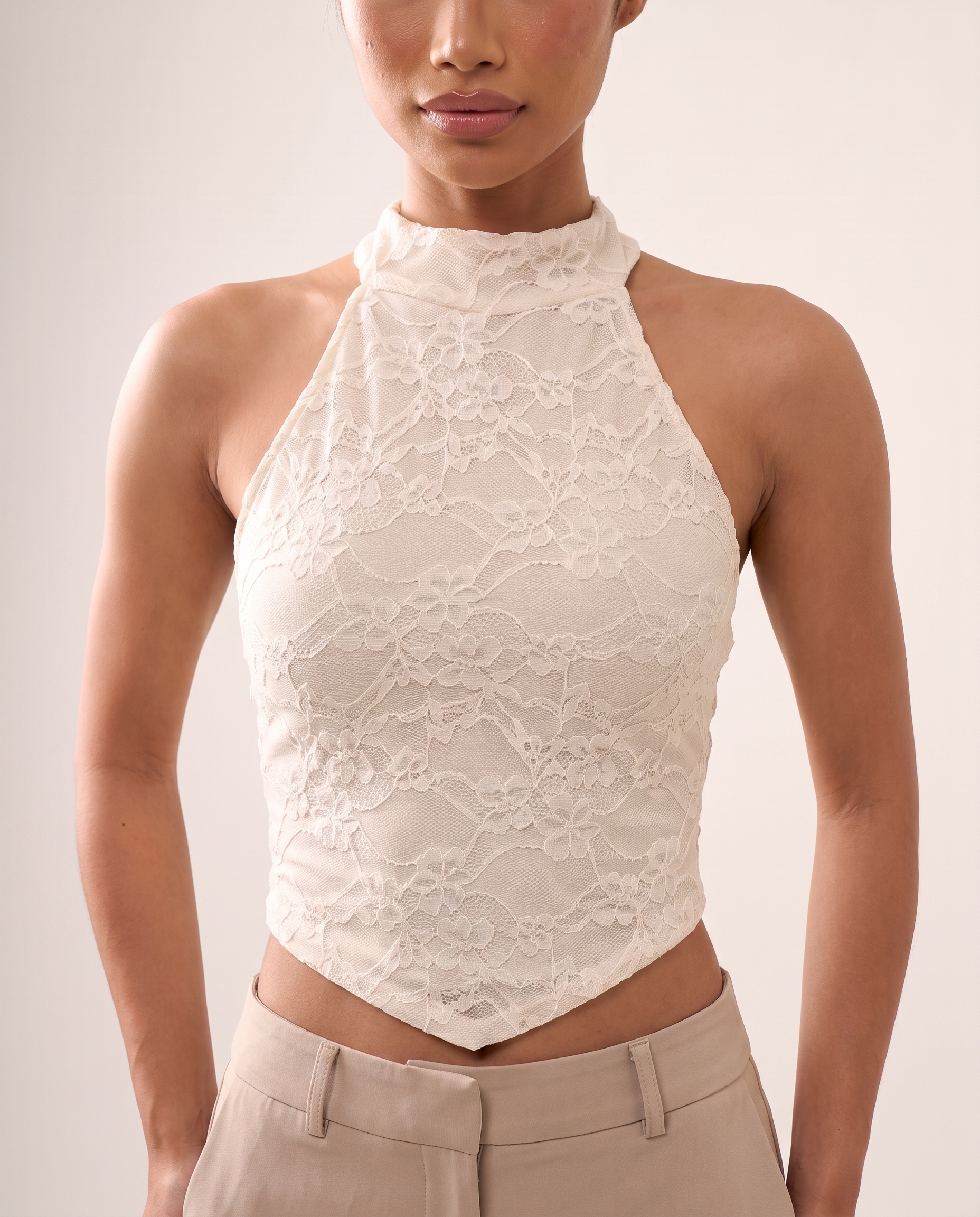 Lace High Neck Crop Top with Button Back – product detail view 1