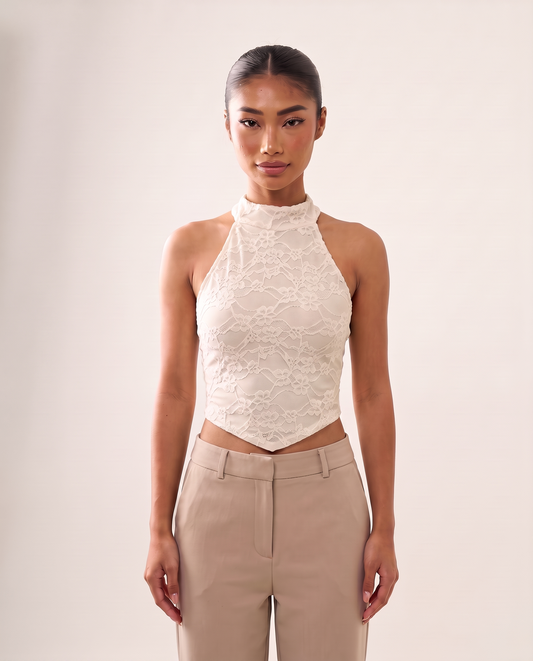 Lace High Neck Crop Top with Button Back – product detail view 3