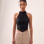 Lace High Neck Crop Top with Button Back – product detail view 4