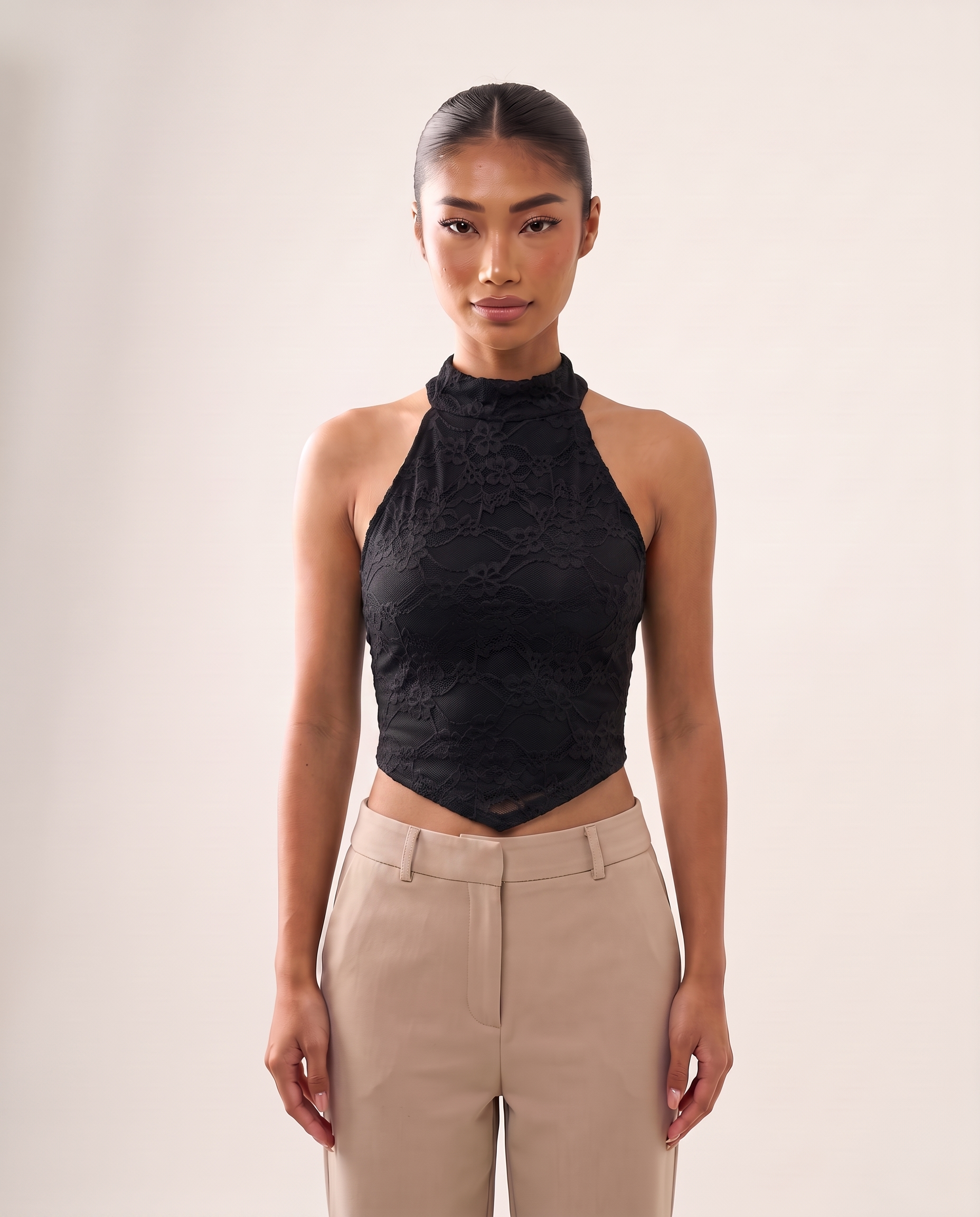 Lace High Neck Crop Top with Button Back – product detail view 4