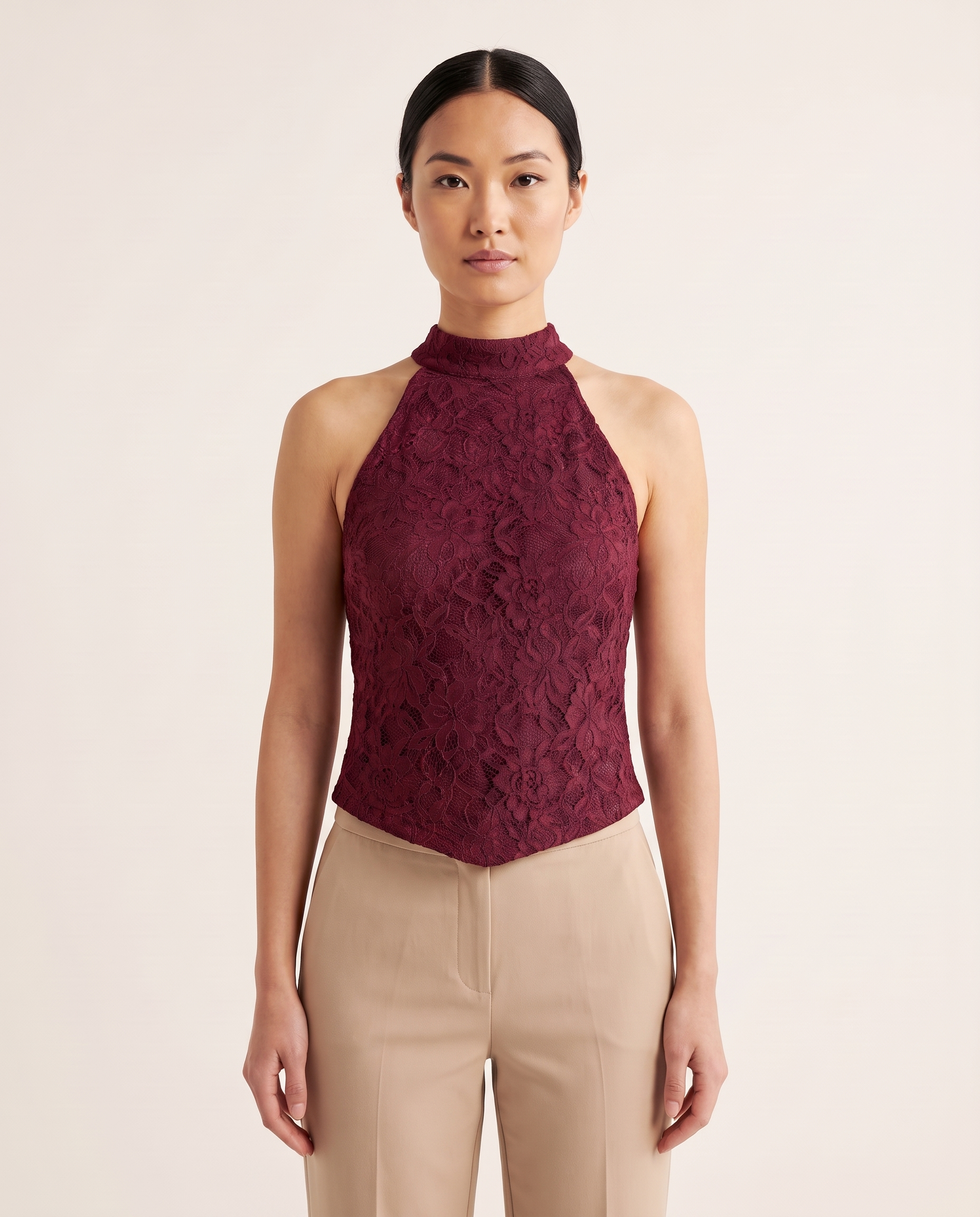 Lace High Neck Crop Top with Button Back – product detail view 5