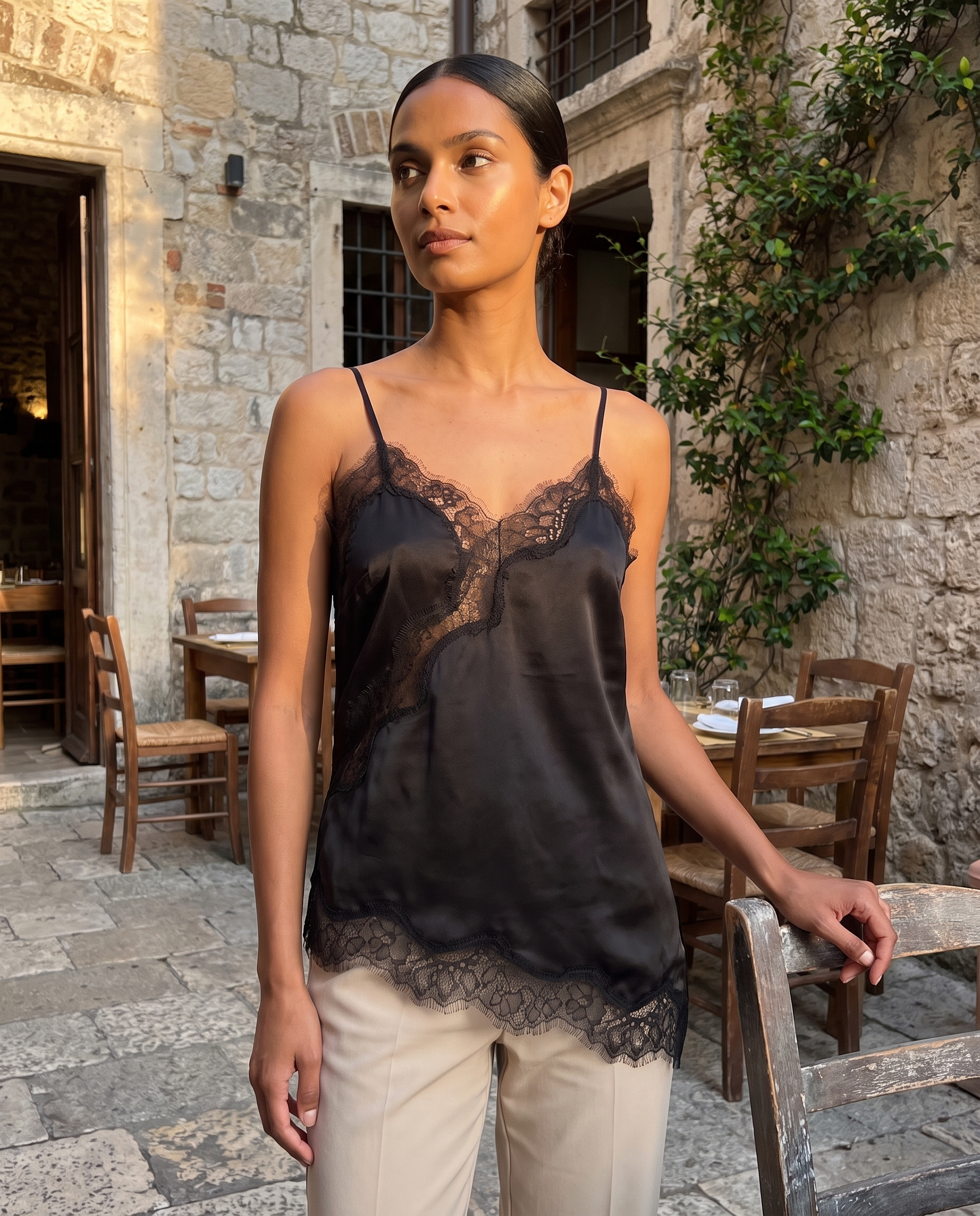 Asymmetric Lace Tank Top with V Neck and Open Back – product detail view 1