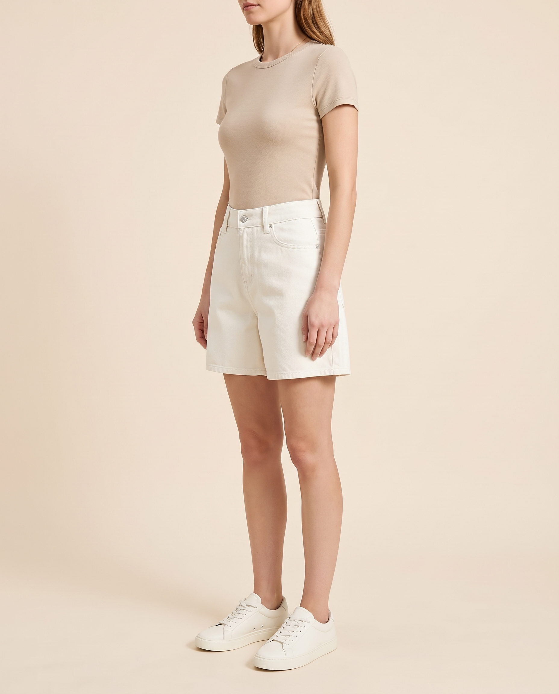 Wide-Leg Denim Shorts with Elastic Waist — three-quarter view
