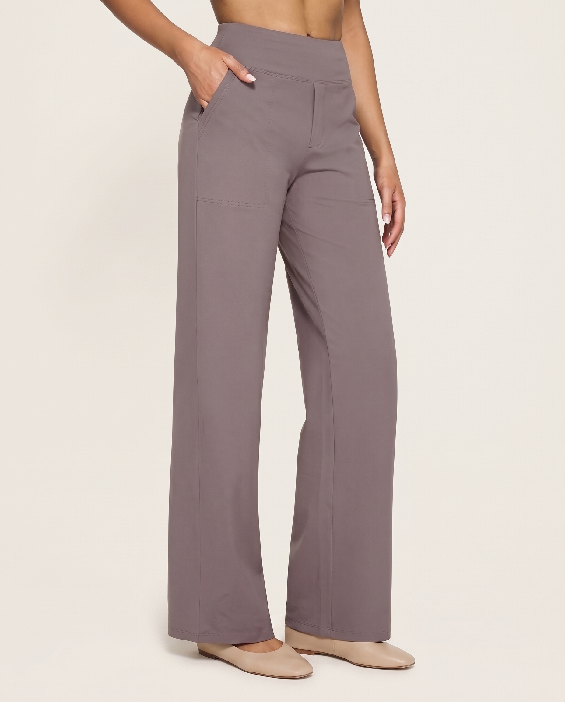 High Waist Straight Leg Yoga Pants in Taupe, studio front view