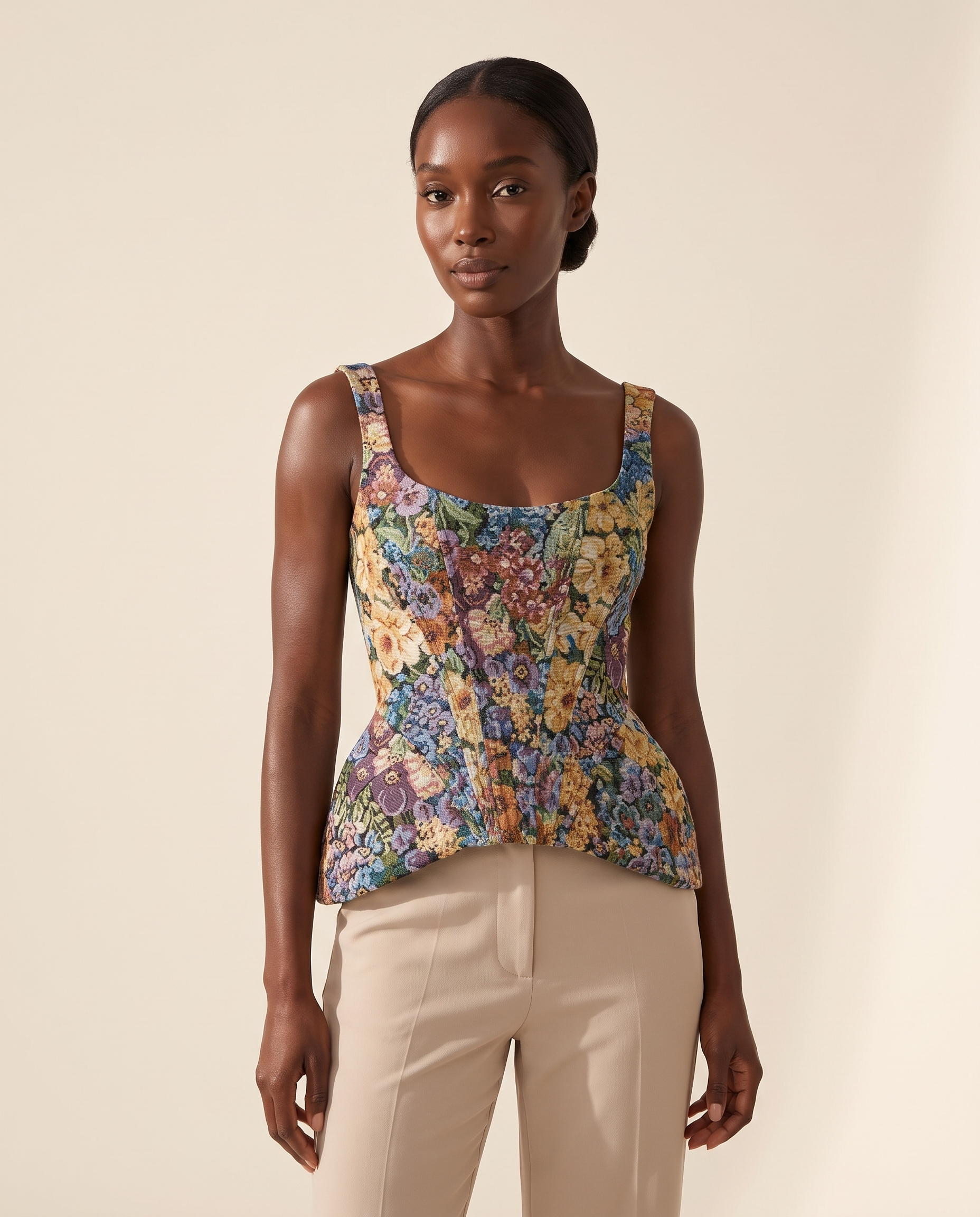 Haven Elegant Floral Open-Back Top – Multicolour Floral – studio front