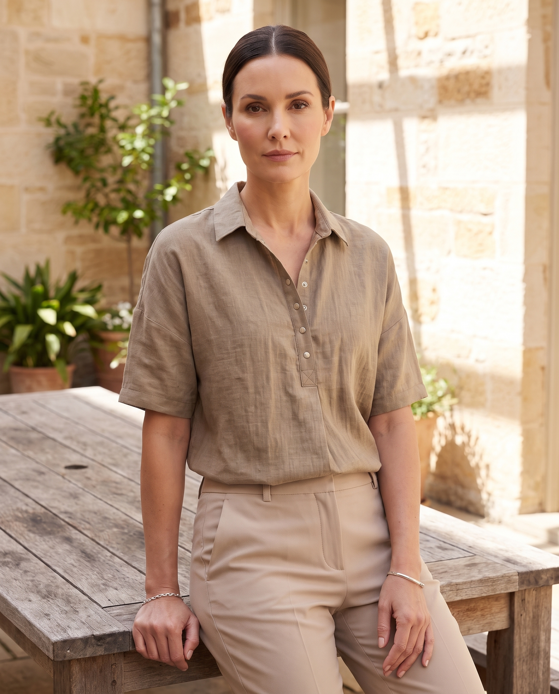 Eloise Contemporary Button-Front Collared Shirt – Khaki – lifestyle