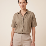 Eloise Contemporary Button-Front Collared Shirt – Khaki – studio front