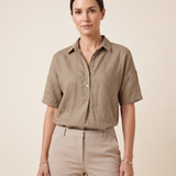 Eloise Contemporary Button-Front Collared Shirt – Khaki – studio front