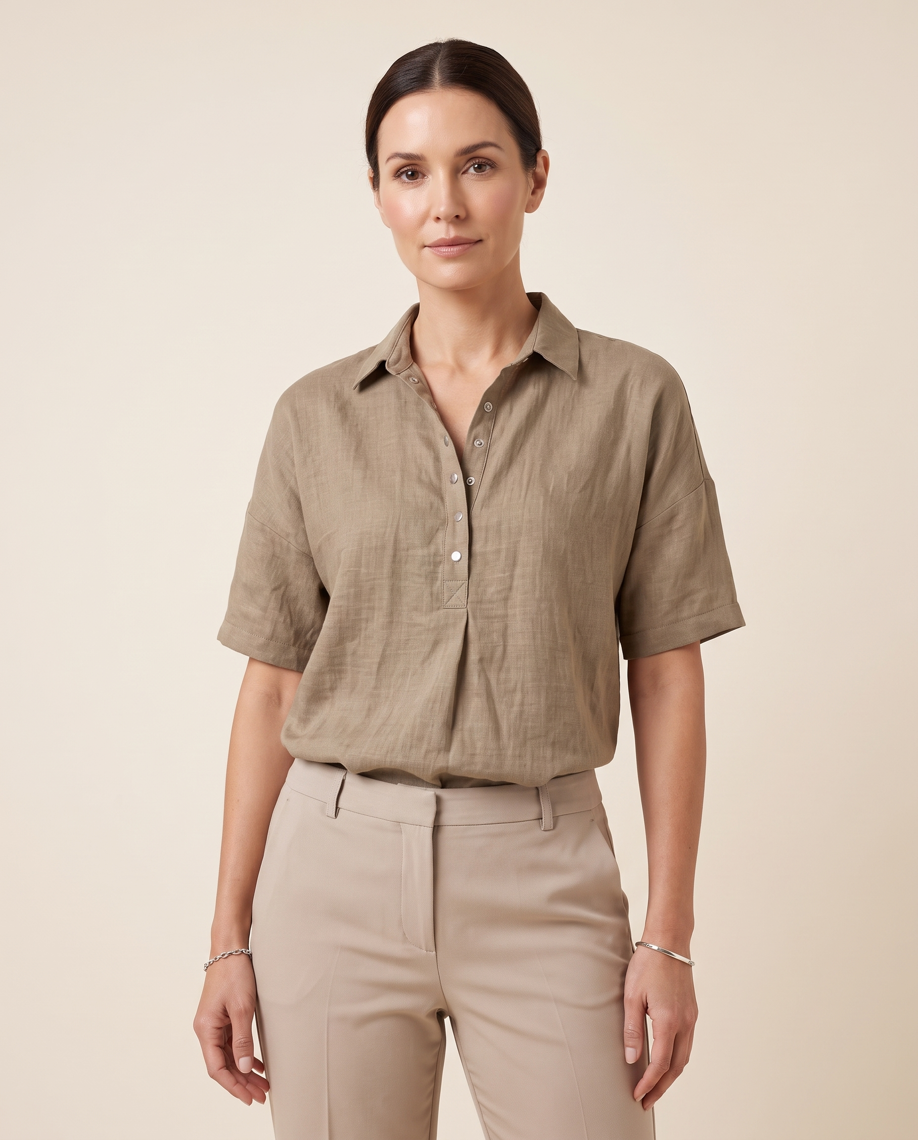 Eloise Contemporary Button-Front Collared Shirt – Khaki – studio front