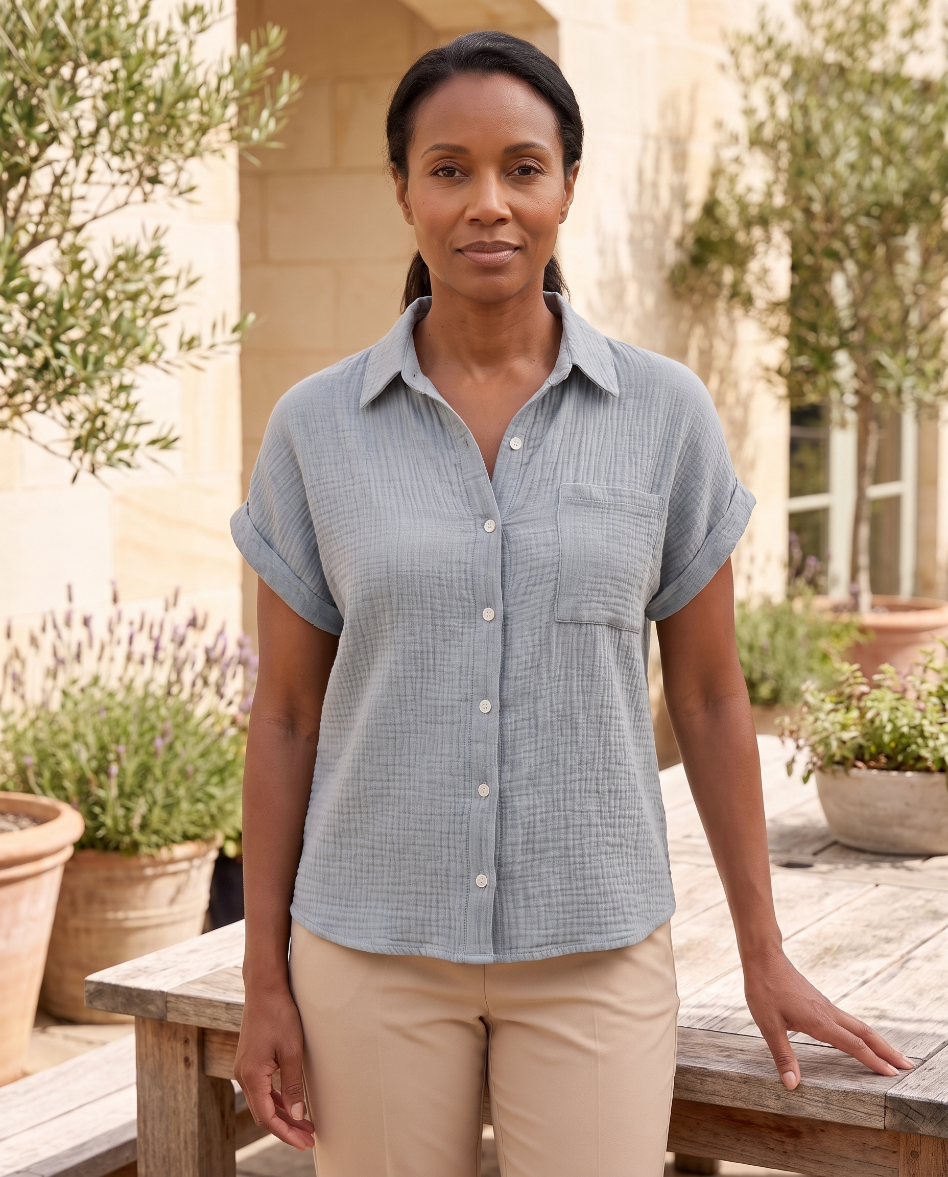Cove Short-Sleeve Cotton Button-Up Shirt – Blue Grey – lifestyle