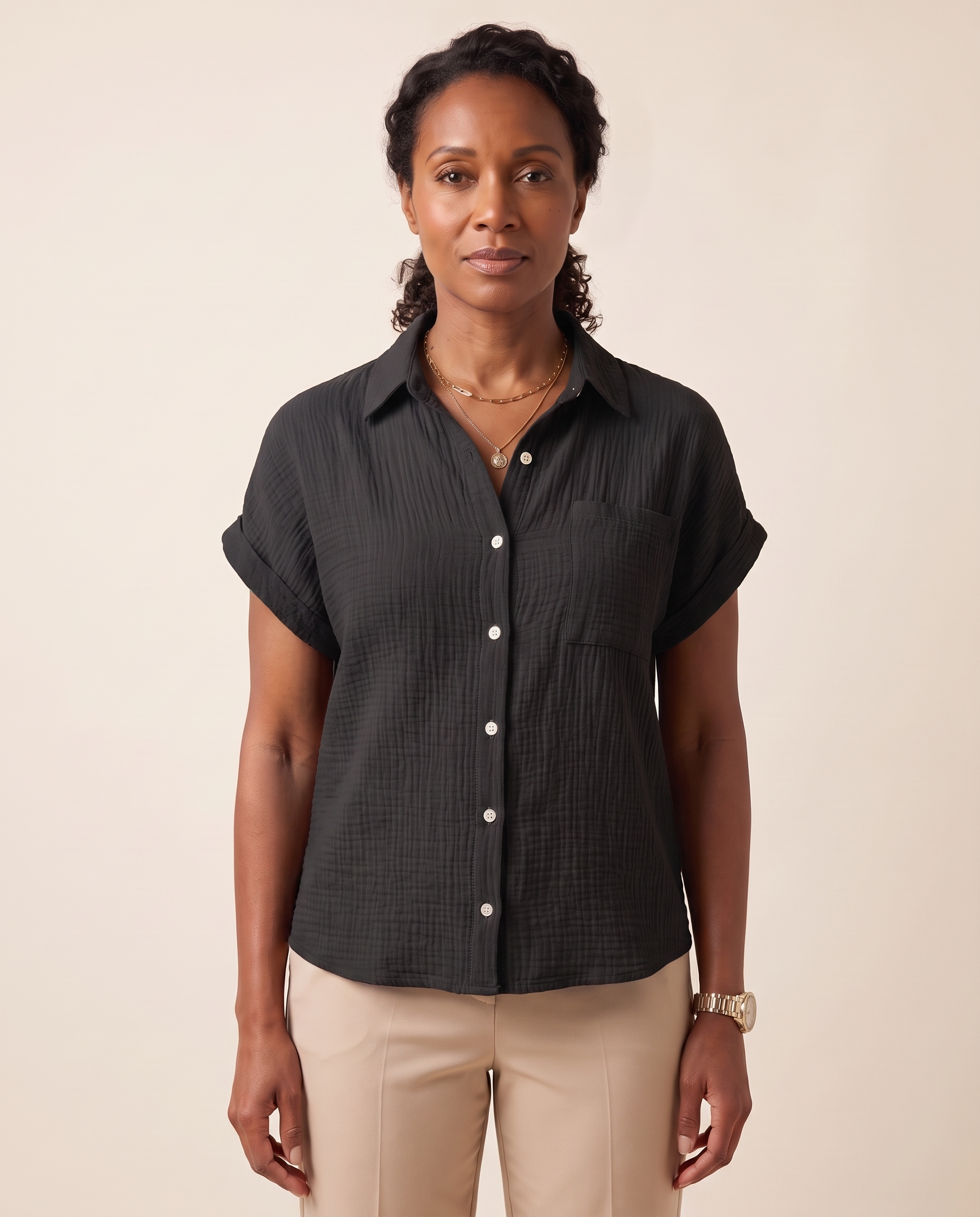 Cove Short-Sleeve Cotton Button-Up Shirt – Black – variant