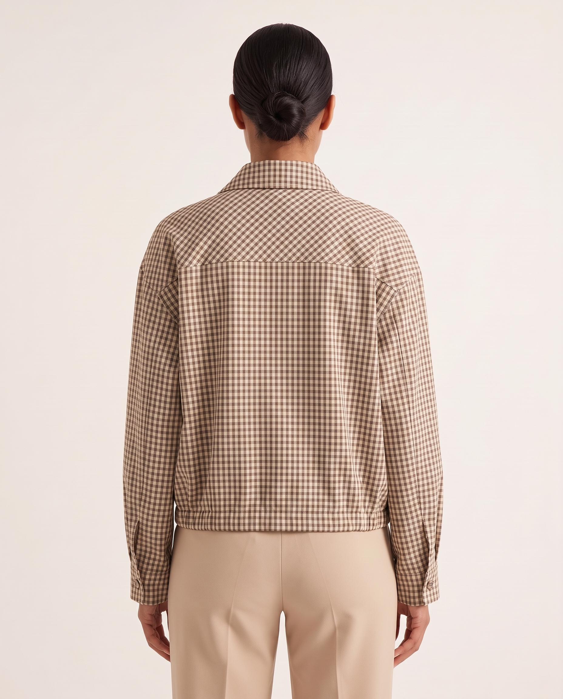 Hazel Cropped Plaid Zip Bomber Jacket – Beige Check – back