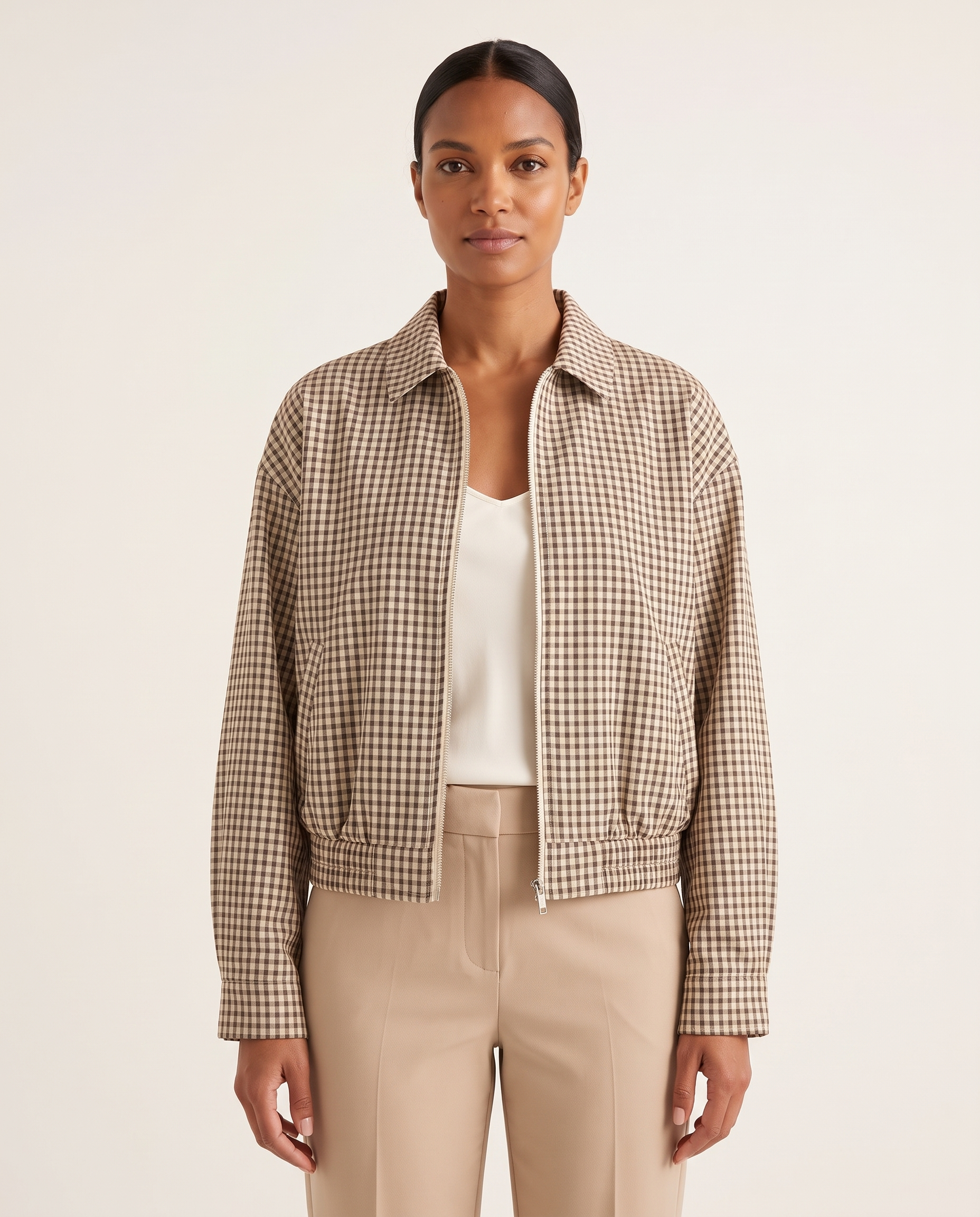 Hazel Cropped Plaid Zip Bomber Jacket – Beige Check – studio front
