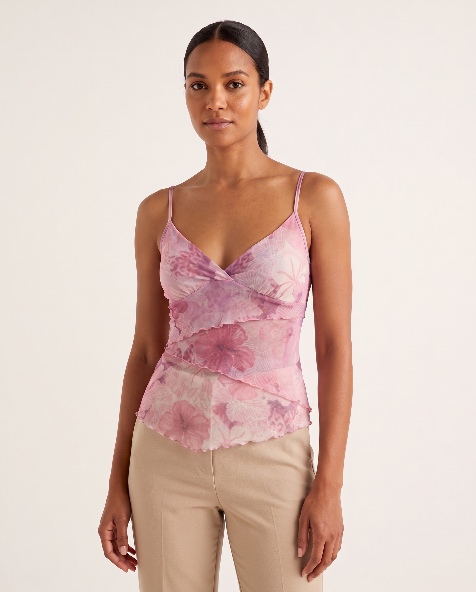 Floral Mesh Camisole Top – Pink Floral – studio front