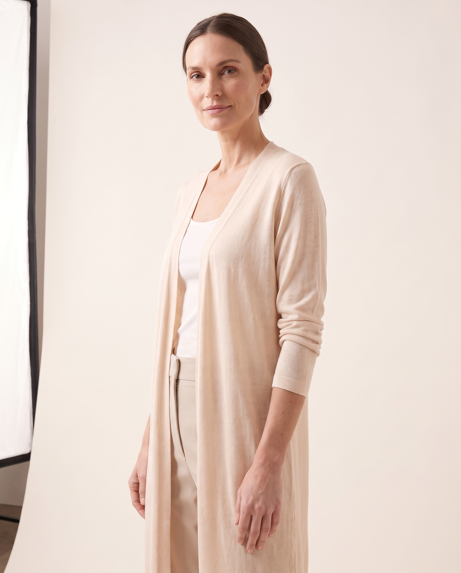 Soleil Longline Lightweight Knit Cardigan – Apricot – angle