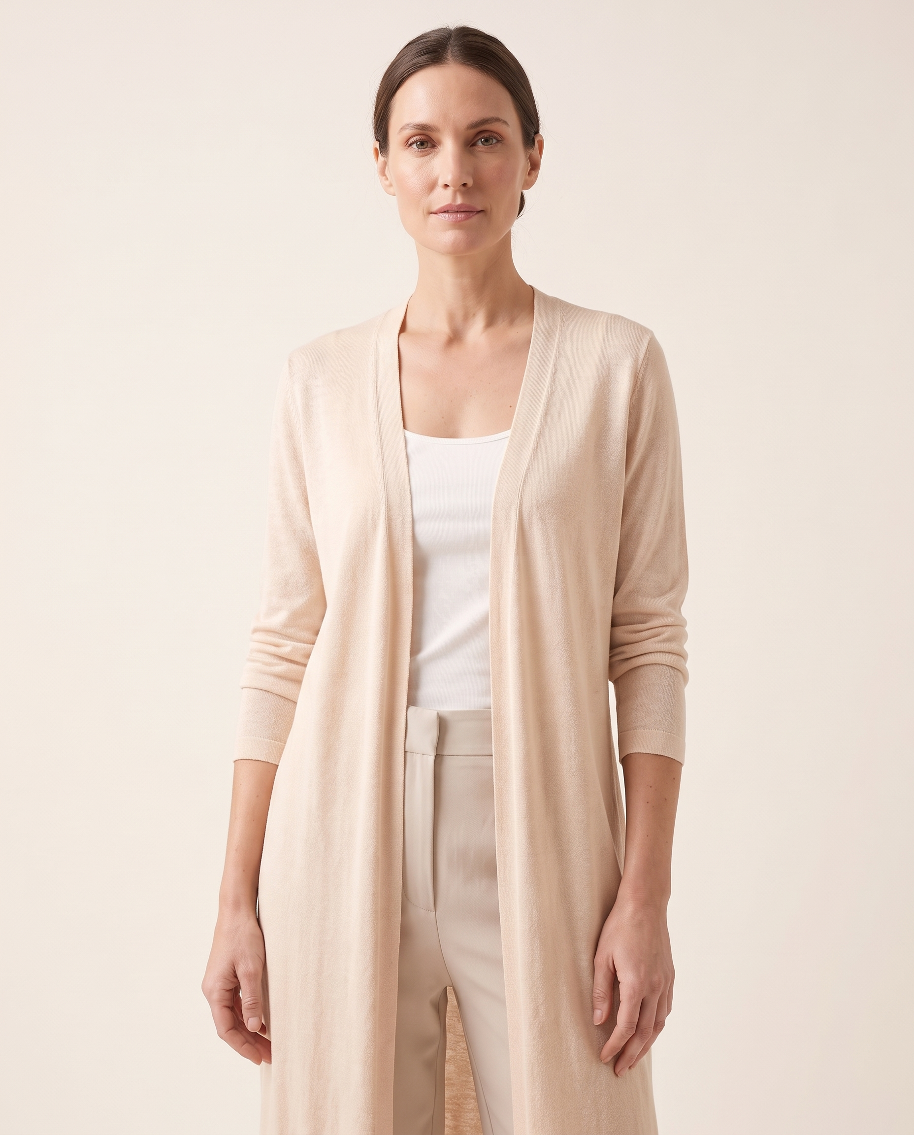Soleil Longline Lightweight Knit Cardigan – Apricot – studio front