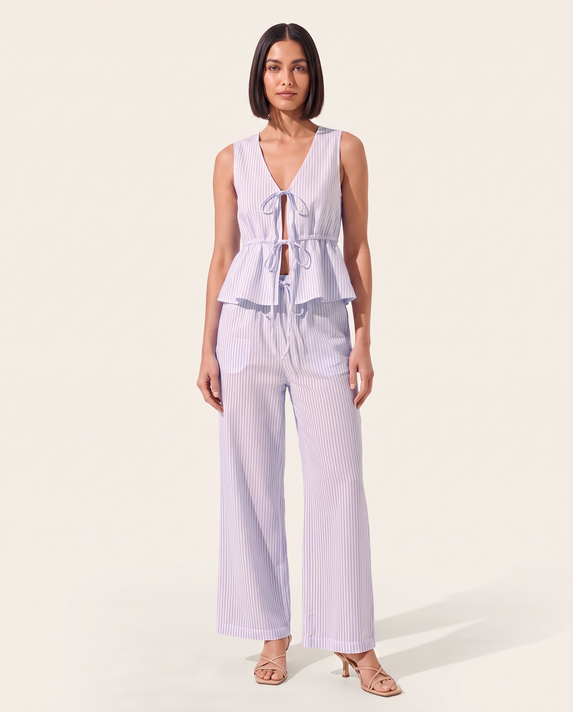 Striped Tie Front Wide Leg Trouser Set — colour