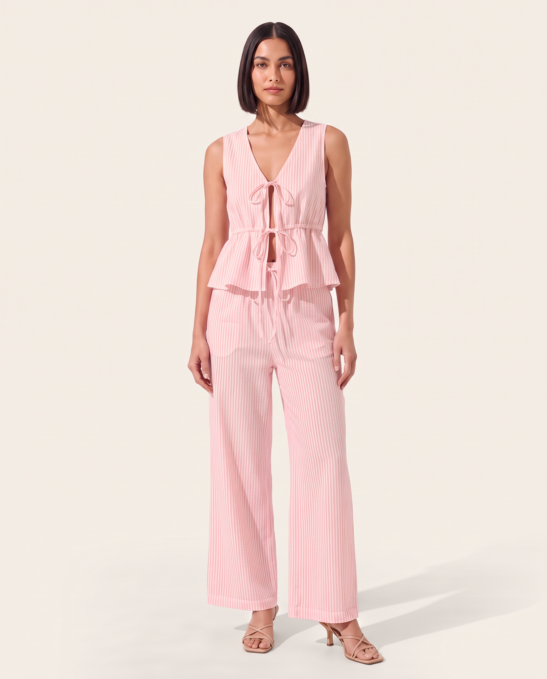 Striped Tie Front Wide Leg Trouser Set — colour