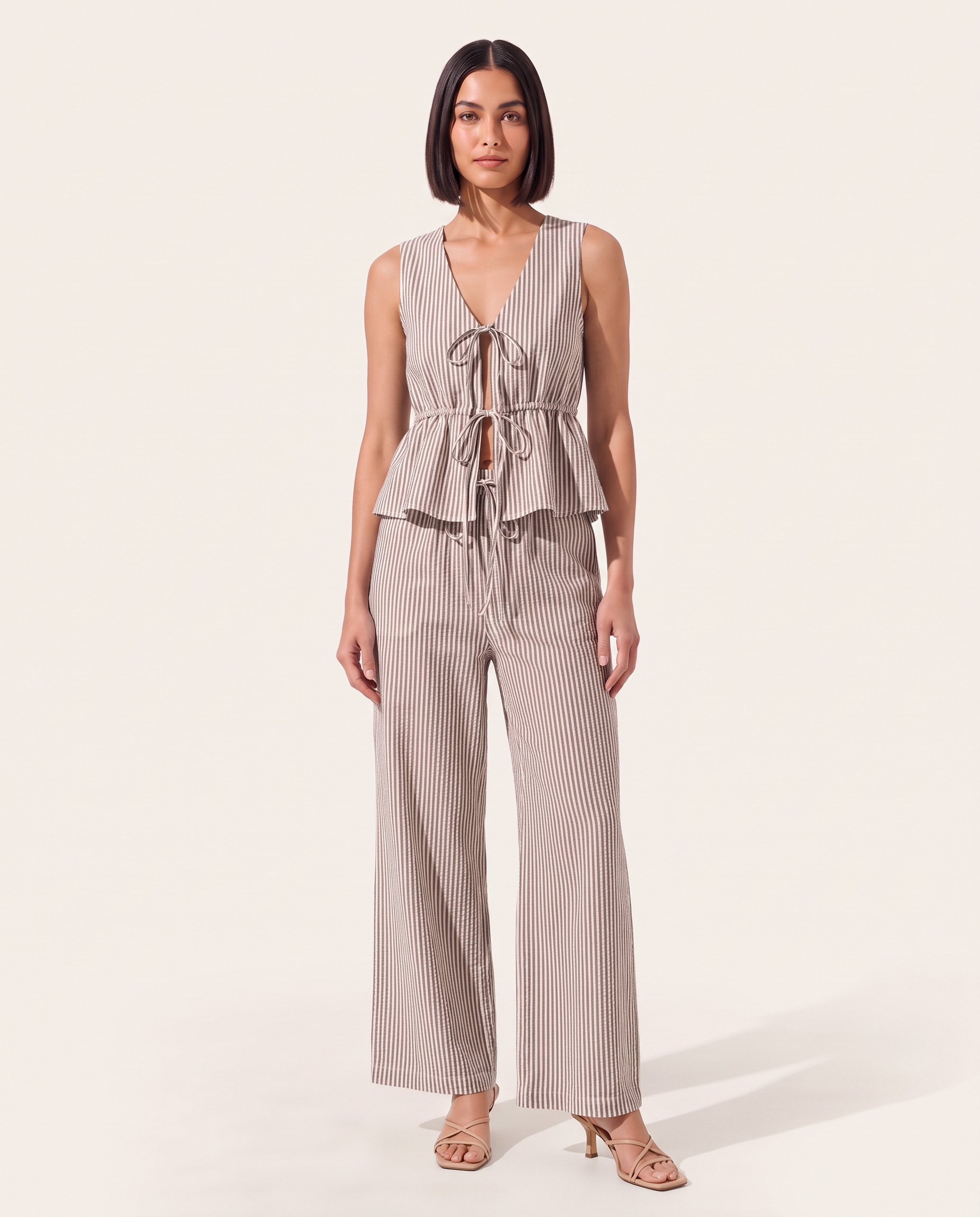 Striped Tie Front Wide Leg Trouser Set — colour