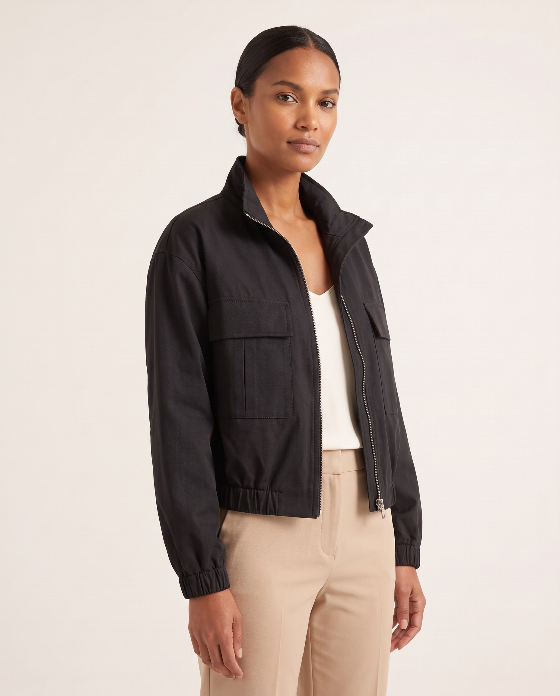 Onyx Relaxed High-Neck Zip Jacket – Black – angle