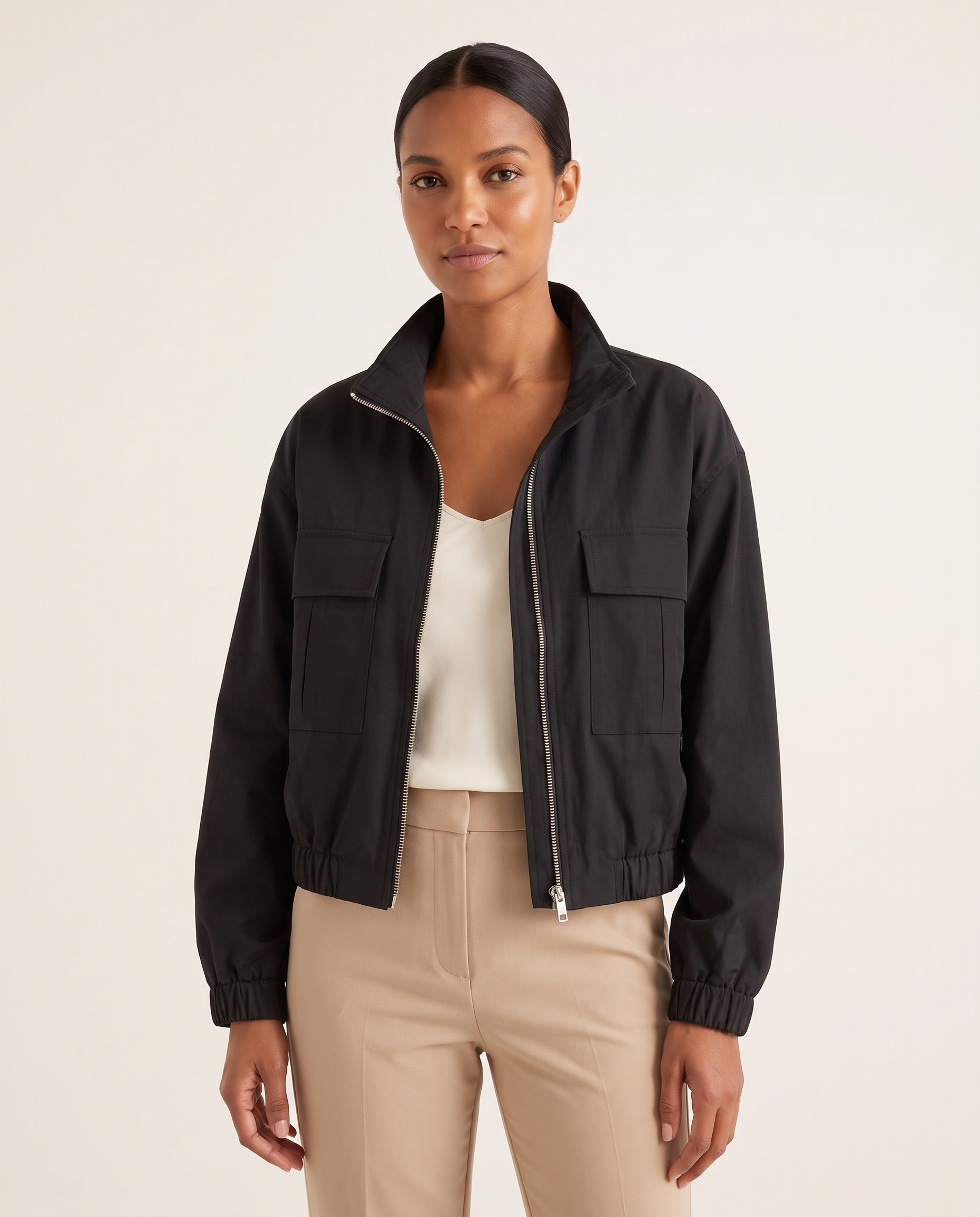 Onyx Relaxed High-Neck Zip Jacket – Black – studio front