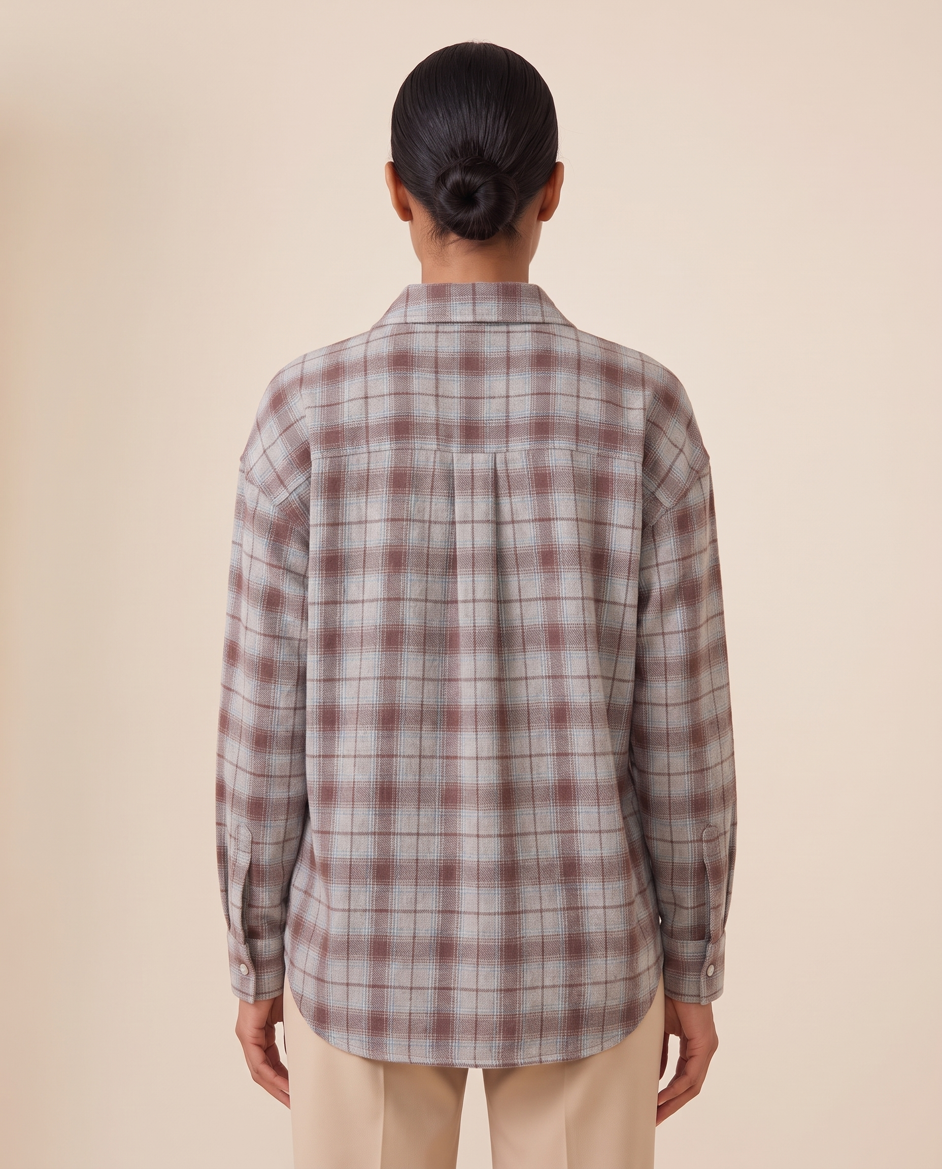 Maple Oversized Plaid Long-Sleeve Shirt – Grey & Red Plaid – back