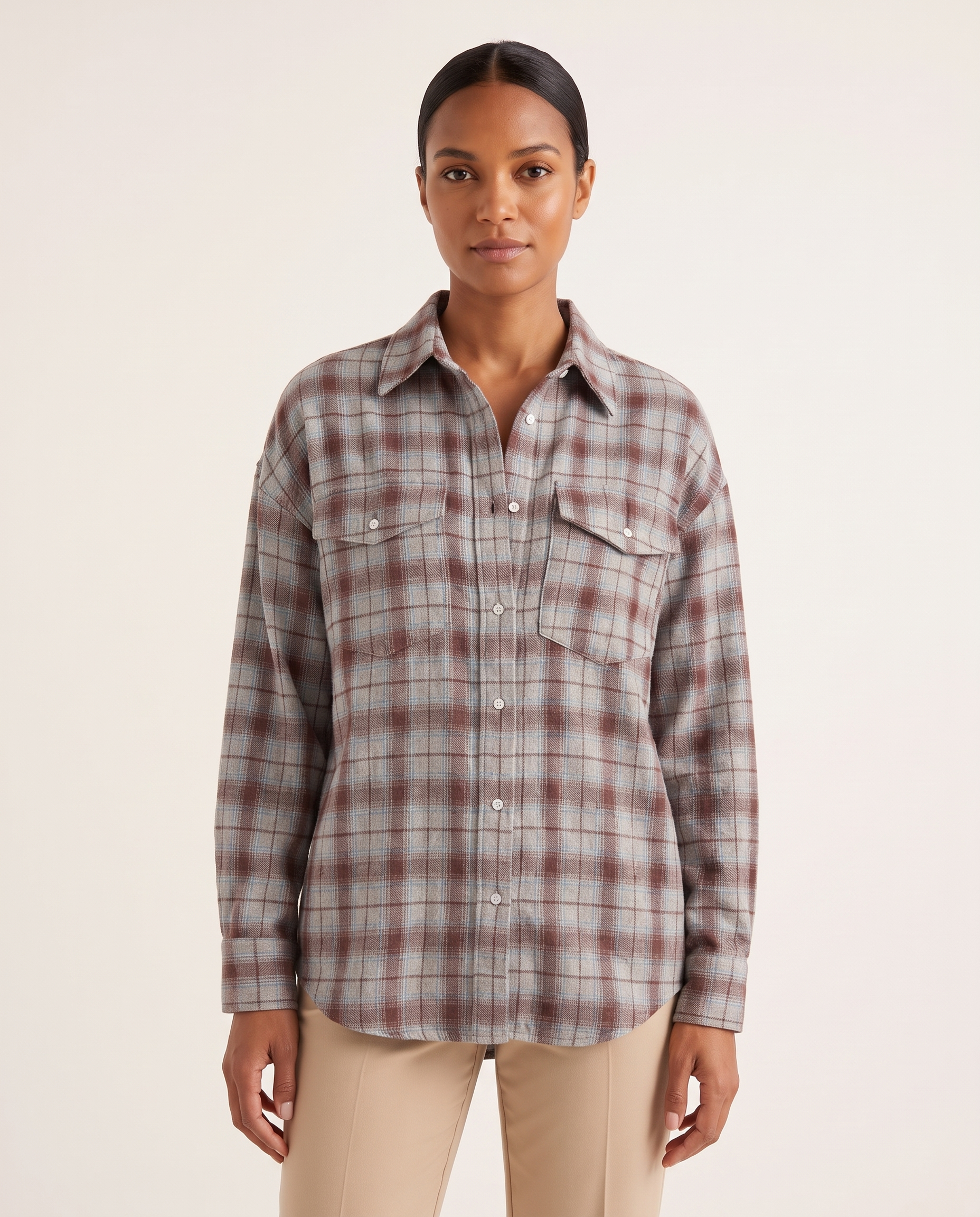 Maple Oversized Plaid Long-Sleeve Shirt – Grey & Red Plaid – studio front