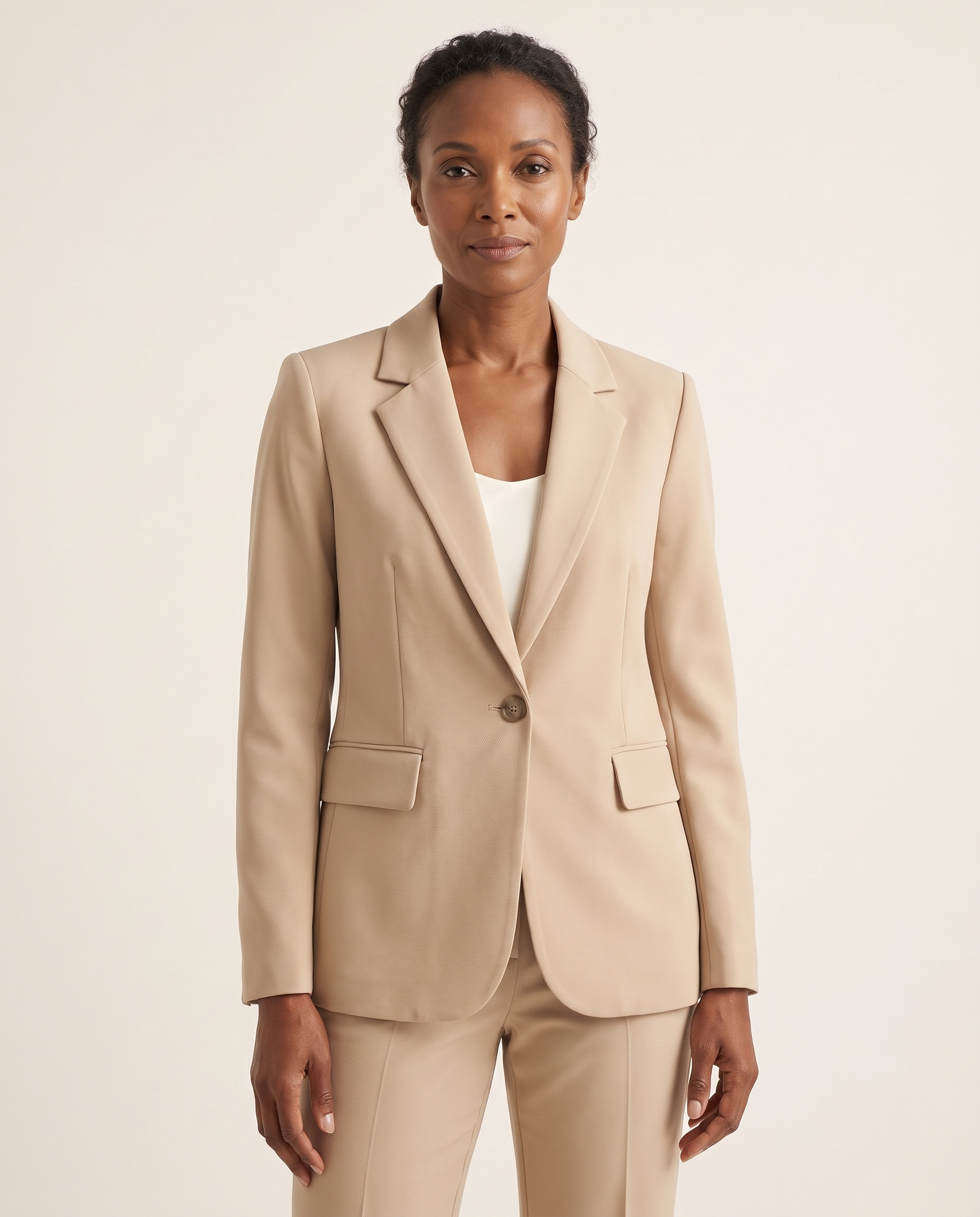 Alma Tailored Single-Button Blazer – Beige – studio front
