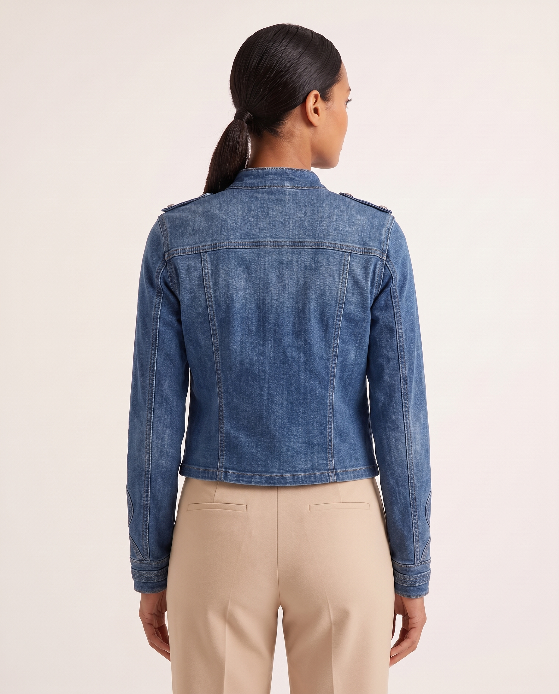 Indigo Cropped Denim Stand-Collar Jacket – Indigo Blue – back