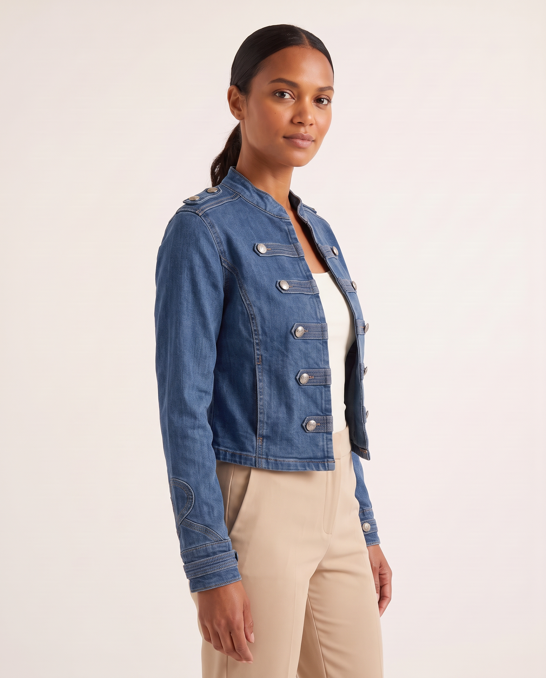 Indigo Cropped Denim Stand-Collar Jacket – Indigo Blue – angle
