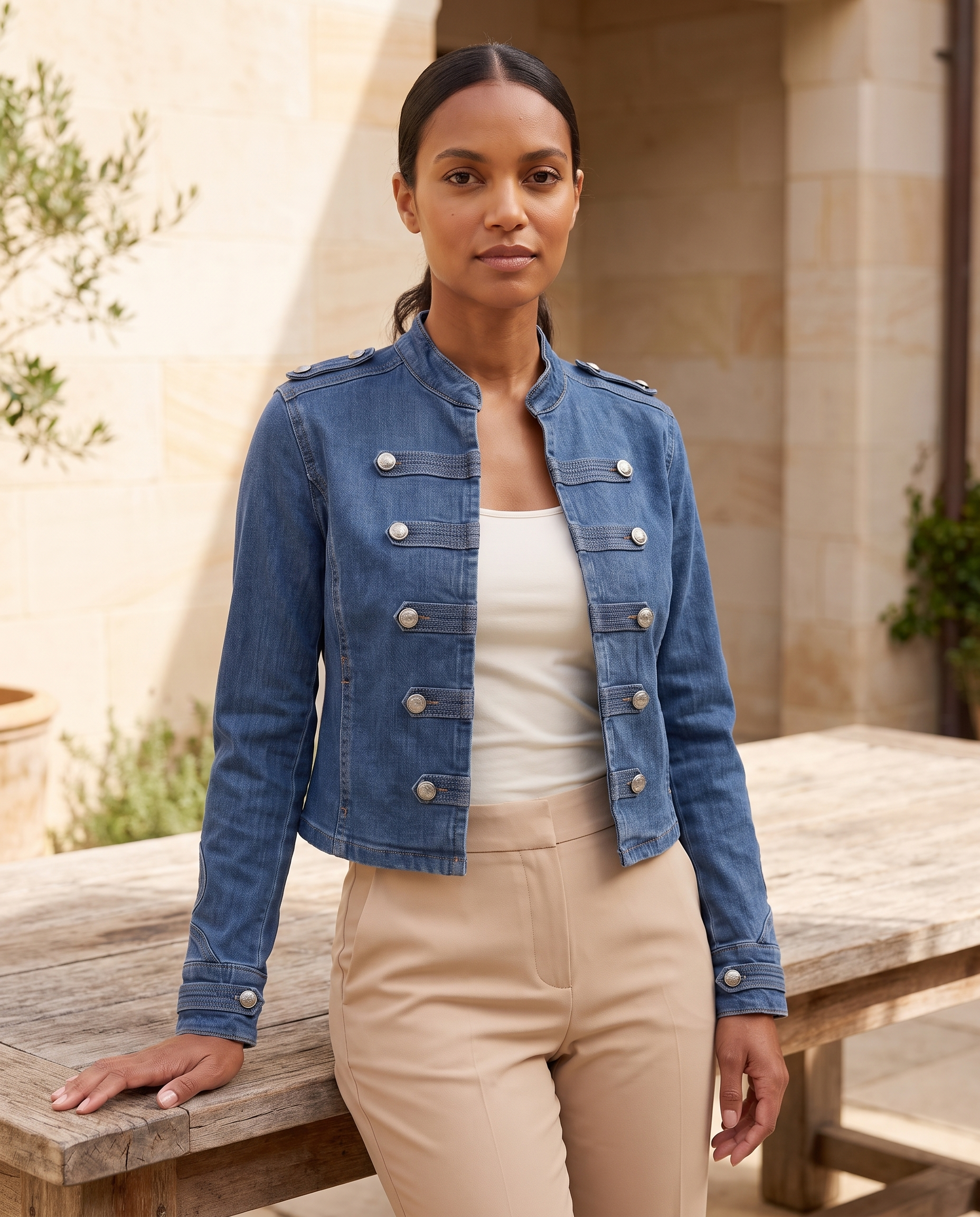Indigo Cropped Denim Stand-Collar Jacket – Indigo Blue – lifestyle