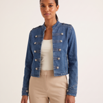 Indigo Cropped Denim Stand-Collar Jacket – Indigo Blue – studio front