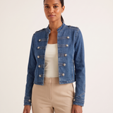 Indigo Cropped Denim Stand-Collar Jacket – Indigo Blue – studio front