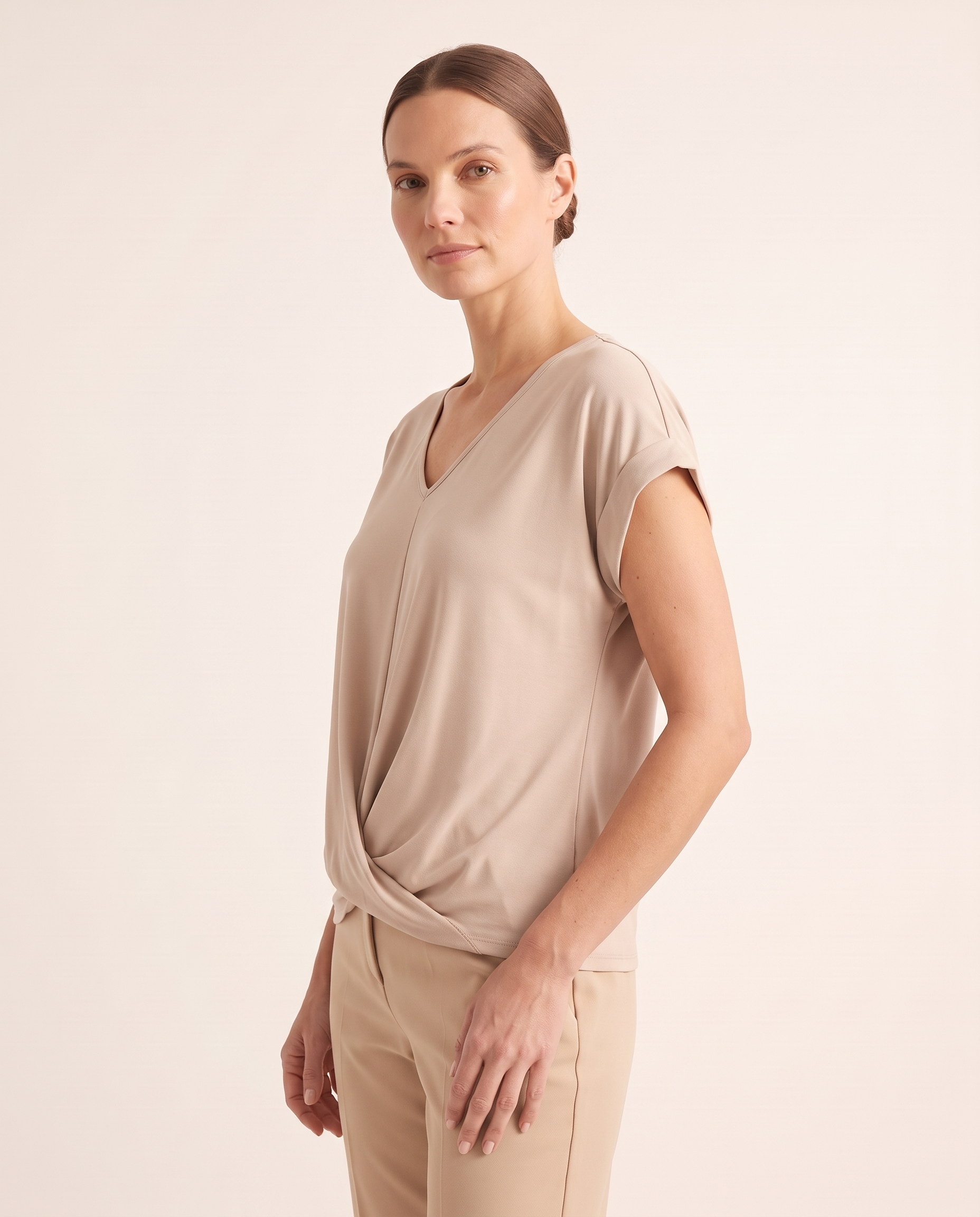 Marina Relaxed V-Neck Short-Sleeve Blouse – Apricot – angle