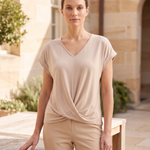 Marina Relaxed V-Neck Short-Sleeve Blouse – Apricot – lifestyle