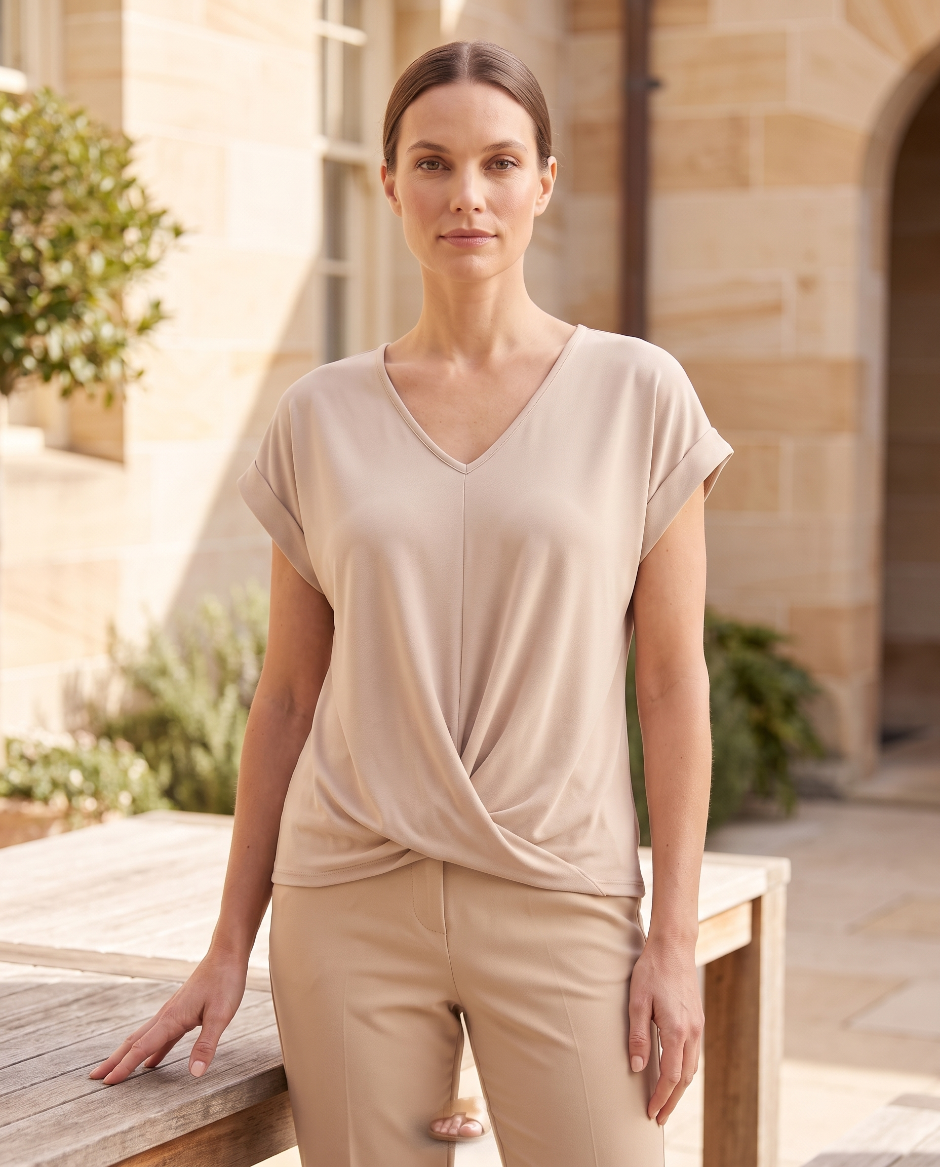 Marina Relaxed V-Neck Short-Sleeve Blouse – Apricot – lifestyle