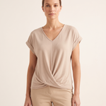 Marina Relaxed V-Neck Short-Sleeve Blouse – Apricot – studio front