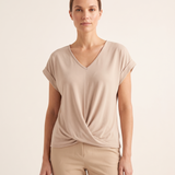 Marina Relaxed V-Neck Short-Sleeve Blouse – Apricot – studio front