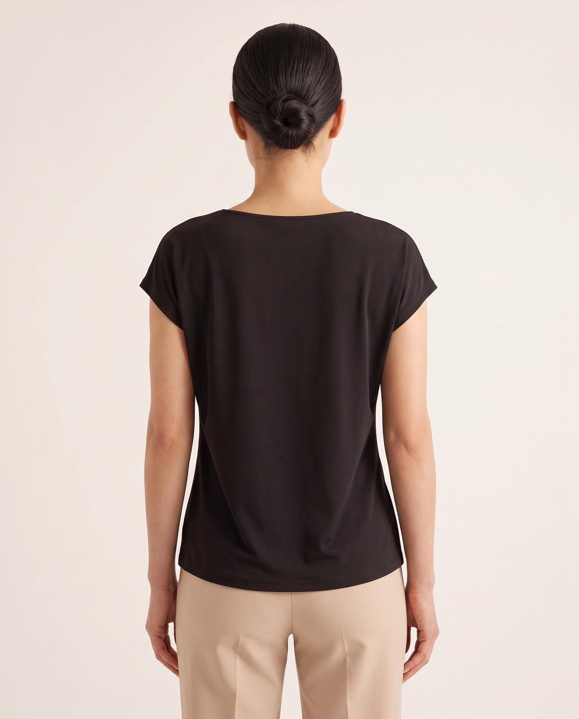 Elise Draped Cowl-Neck Short-Sleeve Blouse – Black – back