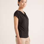 Elise Draped Cowl-Neck Short-Sleeve Blouse — three-quarter view