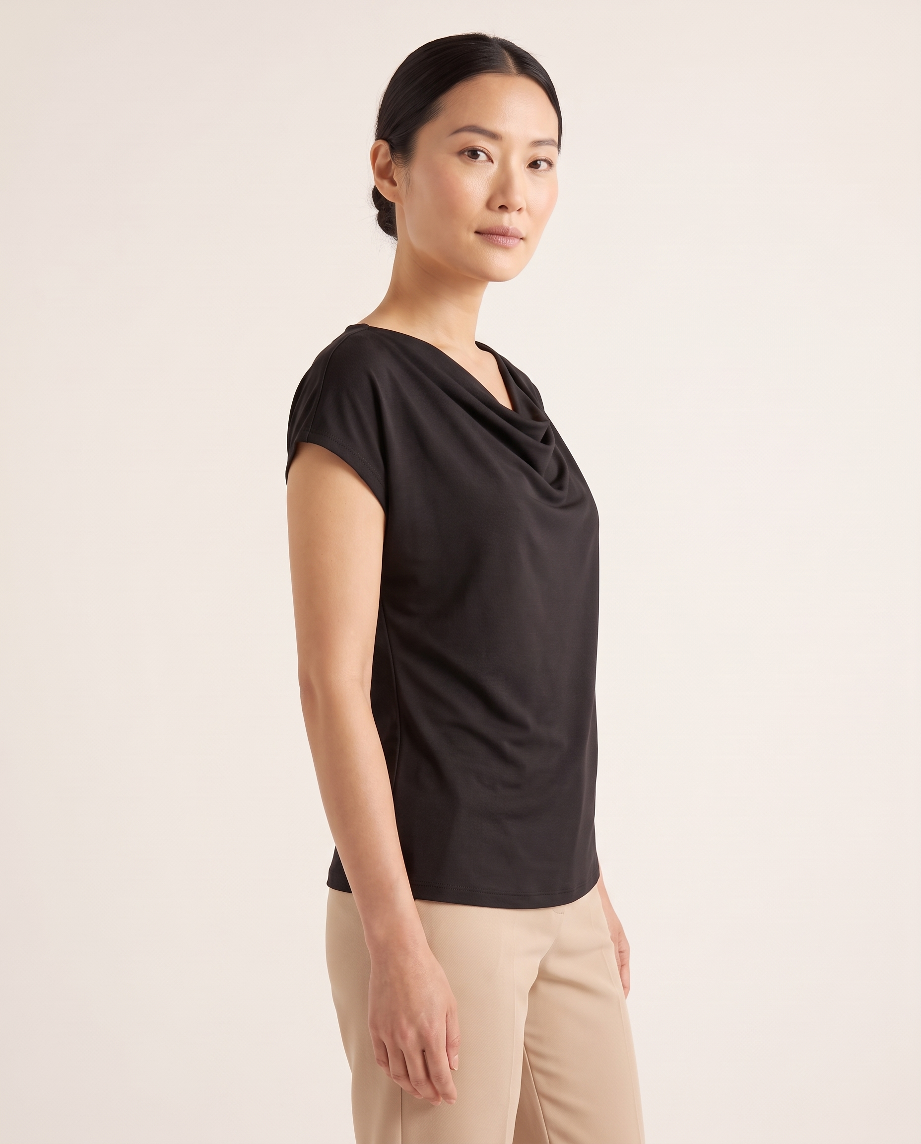Elise Draped Cowl-Neck Short-Sleeve Blouse — three-quarter view