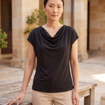 Elise Draped Cowl-Neck Short-Sleeve Blouse — outdoor styling