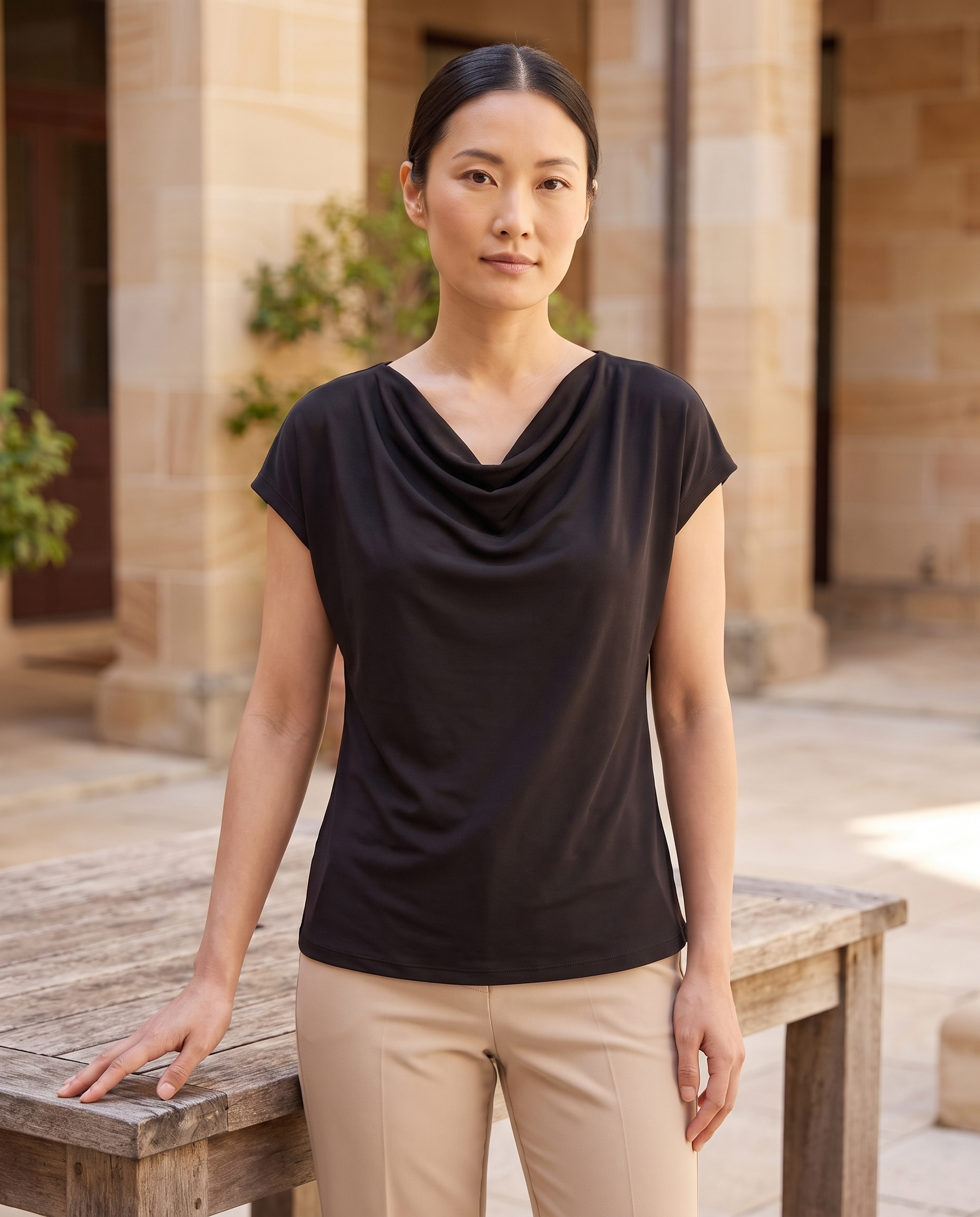 Elise Draped Cowl-Neck Short-Sleeve Blouse — outdoor styling