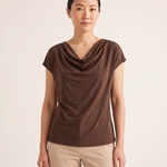 Elise Draped Cowl-Neck Short-Sleeve Blouse — Brown – variant