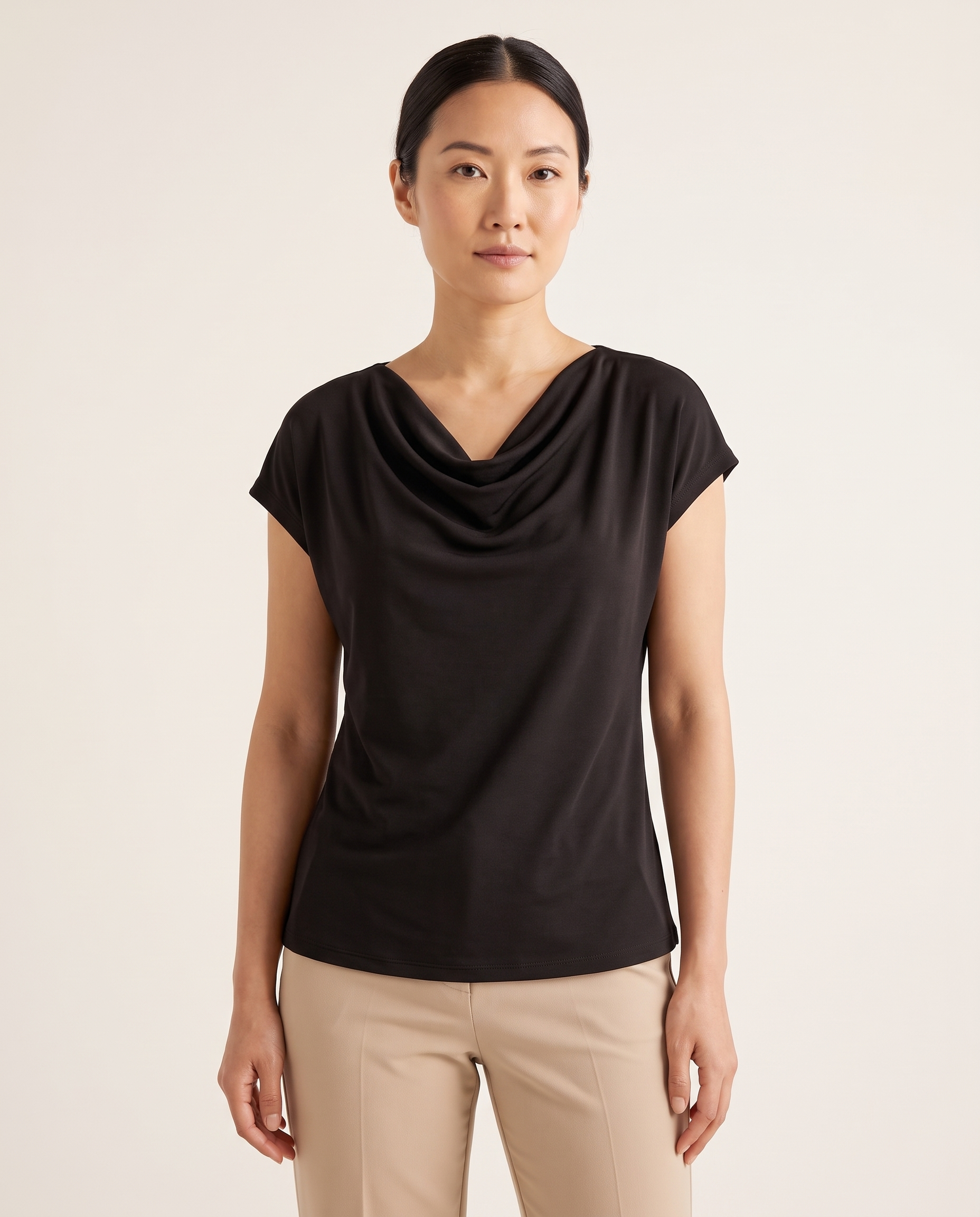 Elise Draped Cowl-Neck Short-Sleeve Blouse – Black – studio front